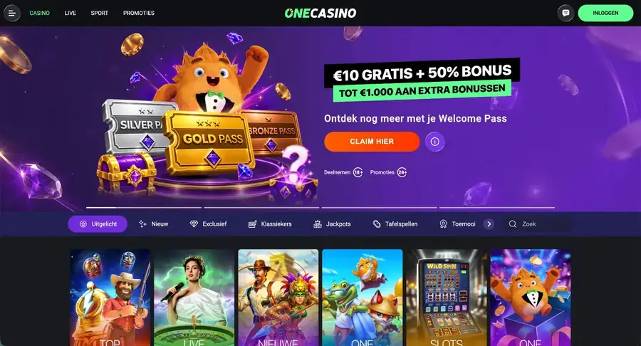 Screenshot van de lobby van OneCasino